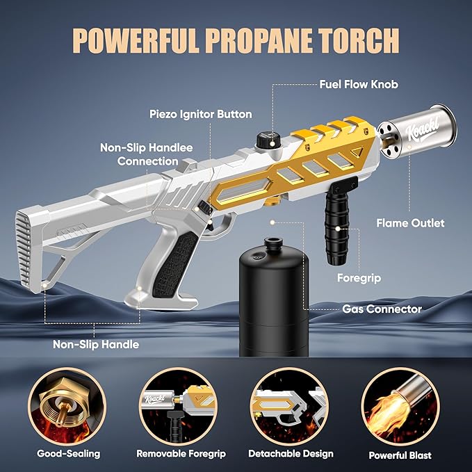 Koackl Powerful Propane Torch, Blow Torch with Adjustable Flame, Flamethrower Kitchen Torch Burner Gas Welding Kits for Grill, BBQ, Searing Steak, Camping & Charcoal Torch Lighter Golden