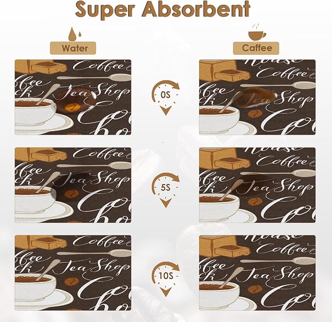 Arttown Coffee Mat for Countertops, Tea Retro Vintage Cafe Brown Dish Drying Mat 2 Pcs for Kitchen Bar Accessory, Fit Under Coffee Maker Espresso Machine Dish Rack Hide Stain 12x19in
