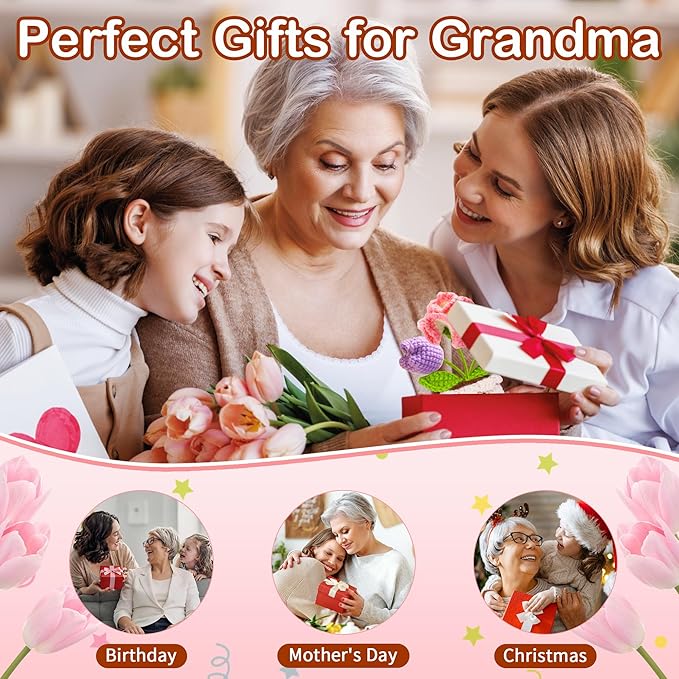 Mothers Day Birthday Gifts for Grandma, Grandma Gifts from Grandkids, Mother's Day Birthday Gift for Nana Grandmother GaGa, Cute Handmade Crochet Tulip 3 Flowers Pot Doll I Love You Present for Gigi