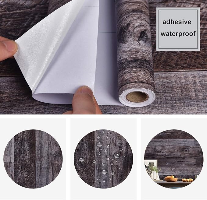 WENMER Grey Wood Peel and Stick Shiplap Self Adhesive Wallpaper - 17.71" x 236" Wood Plank Wallpaper for Countertop, Cabinet, Shelf, Drawer, Wall, Door