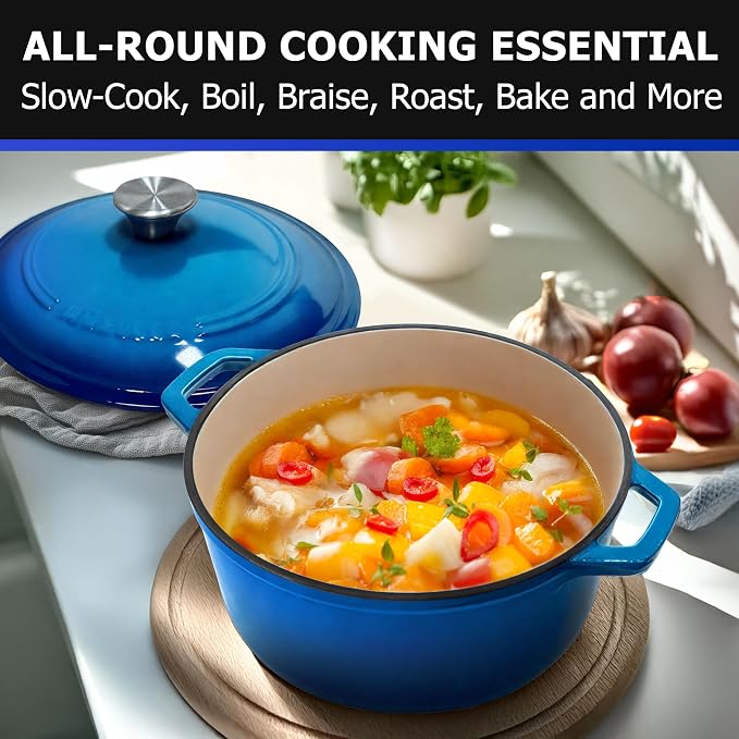 MUELLER HOME 7.5 QT Enameled Cast Iron Dutch Oven, Heavy-Duty Casserole Dish and Braiser Pan with Lid and Stainless Knob, Oven-Safe up to 500° F & Across All Cooktops, Aqua Blue | Heavy-Duty Casserole Dish and Braiser Pan, Lid with Stainless Knob, Oven...