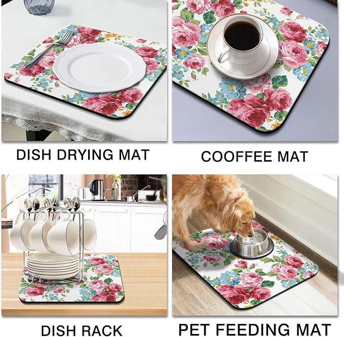Coffee Bar Mat Accessories for Countertop Absorbent Hide Stain Rubber Backed Dish Drying Mats for Kitchen Counter Draining Pad Decor Gift (18x16in)