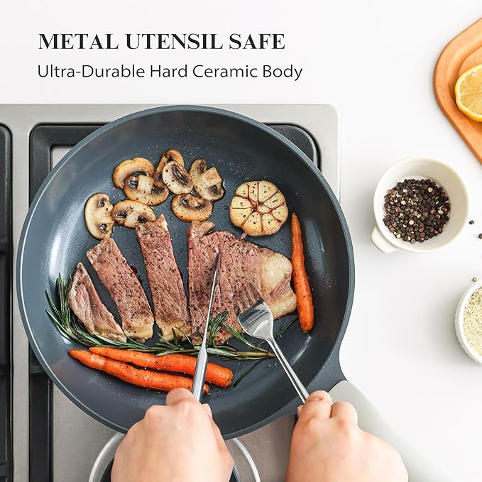 PRICUSIS Nonstick Pots and Pans Set, 9 Pieces Non Toxic Ceramic Nonstick Cookware, Healthy Omelete/Egg Skillet, Healthy Frying Pan, PTFE PFOA & PFAS Free, Induction Compatible, Blueberry Gray