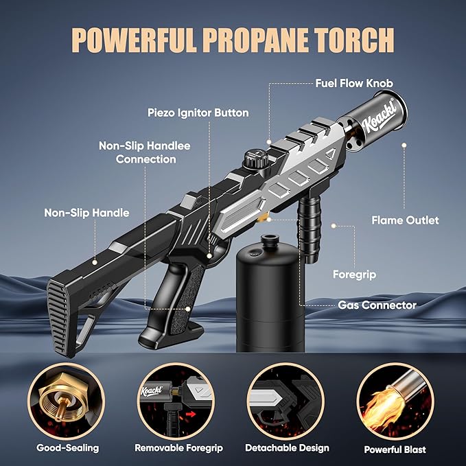 KOACKL Powerful Propane Torch, Blow Torch with Adjustable Flame, Flamethrower Kitchen Torch Burner Gas Welding Kits for Grill, BBQ, Searing Steak, Camping & Charcoal Torch Lighter(Tank Not Included)