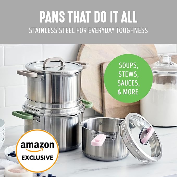 BK Twisting by Greenlife Stainless Steel 6 Piece Locking Lid Cookware Set, Built in Strainer, Induction Pots & Pans, Drip-Free Pour Spouts, Silicone Handles, Saucepan, Stock Pot, Dishwasher Safe