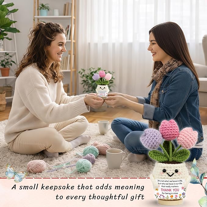 Best Friend Friendship Gifts for Women - Funny Mothers Day Birthday Gifts for Friends, Bestie, BFF, Bestfriend, Female, Girls - 5.51'' x 4.13'' Knitted Positive Tulip Flowers Friend Crochet