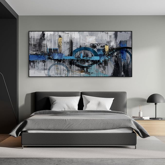 Abstract Wall Art for Living Room Bedroom Above the Sofa Picture Artwork | Oversized 86x39 Inches Made of Canvas with a Black Frame This Blue-Gray-Gold Piece Offers Minimalist Luxury Wall Decor