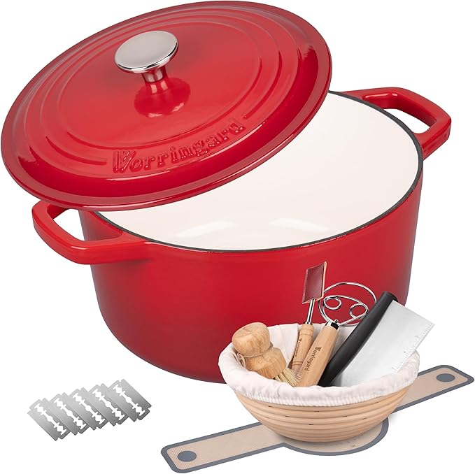 VORRINGARD Enameled Cast Iron Dutch Oven Pot with Lid, for Bread Baking, Round Bread Oven- include Sourdough Bread Baking Supplies Set, 6QT, Red