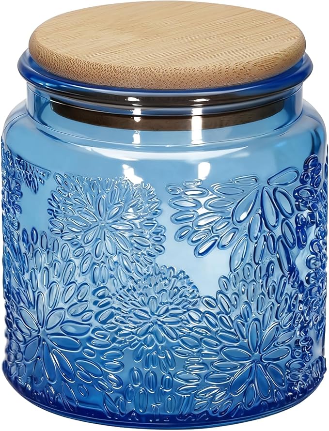 1Pc Snowflakes Style Vintage Glass Candy Jar with Airtight Bamboo Lid, Kitchen Storage Canister for Sugar, Coffee, Tea, Cookies, Bath Salt - Decorative Mason Jar for Pantry & Counter (1, Blue, 17oz)