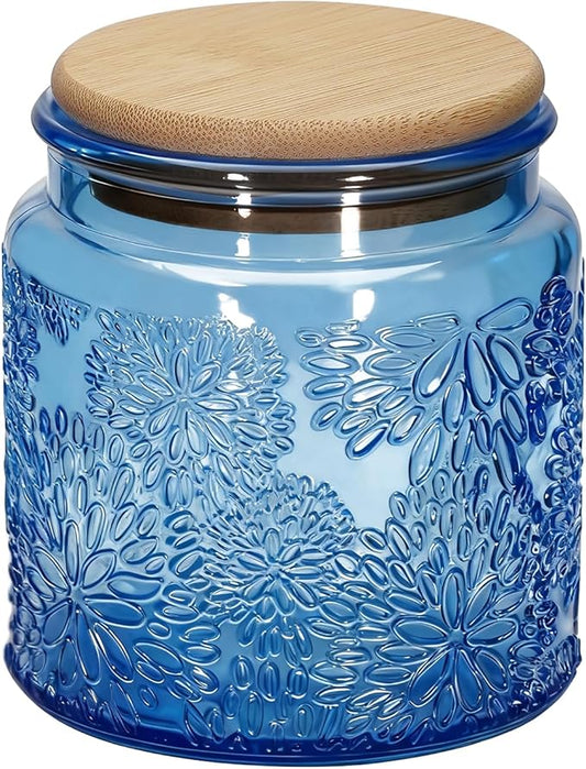 1Pc Snowflakes Style Vintage Glass Candy Jar with Airtight Bamboo Lid, Kitchen Storage Canister for Sugar, Coffee, Tea, Cookies, Bath Salt - Decorative Mason Jar for Pantry & Counter (1, Blue, 17oz)