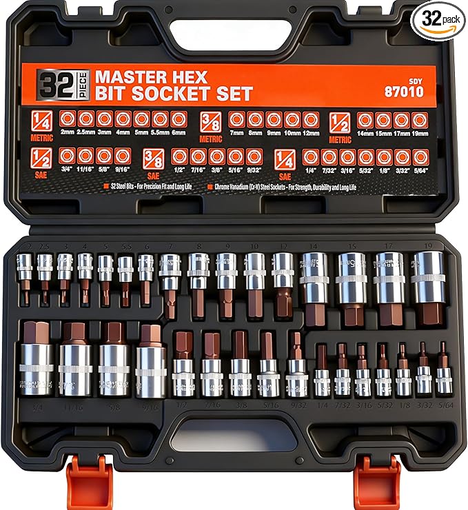 High Torque Master Hex Bit Socket Set, 32-Piece SAE & Metric Allen Socket Set, Premium S2 Alloy Steel, Durable Storage Case, 1/4", 3/8", 1/2" Drive, for Automotive & Mechanical Work