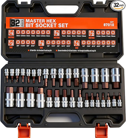 High Torque Master Hex Bit Socket Set, 32-Piece SAE & Metric Allen Socket Set, Premium S2 Alloy Steel, Durable Storage Case, 1/4", 3/8", 1/2" Drive, for Automotive & Mechanical Work