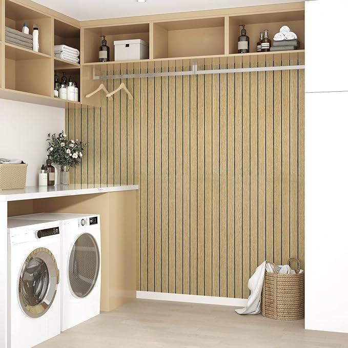 Wallercity Brown Wood Slat Wall Paneling for Interior Walls Removable Soundproof Wall Panels 3D Textured Peel and Stick Wood Panel Flexible Light Wooden Panels for Bedroom Office Studio 11.7''x197''