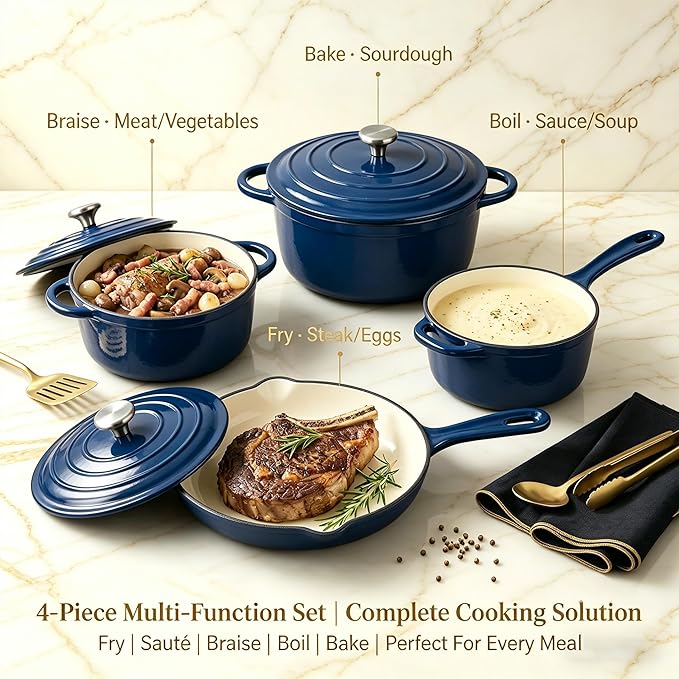 QuliMetal Enameled Cast Iron Cookware Set, 4-Piece Pots and Pans Set with Lids, 10.25" Skillet, 2QT Saucepan, 2.8QT & 4.8QT Dutch Ovens, Oven Safe to 500°F, All Stovetops Compatible - Navy Blue