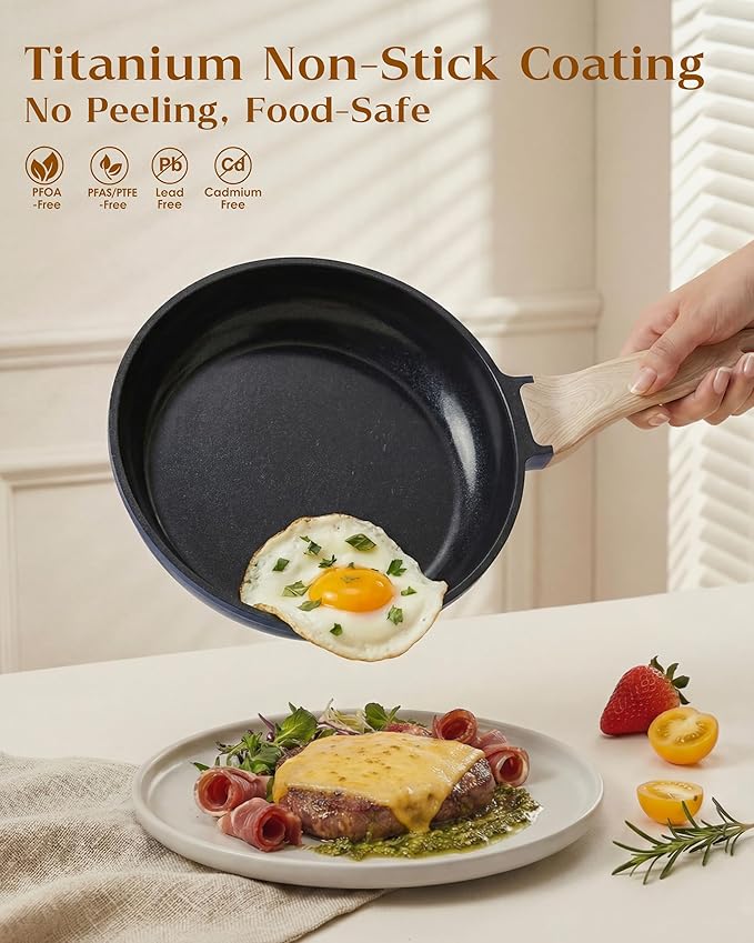 FDN 16Pcs Titanium Pots and Pans Set,Toxic-Free Cookware Set, Dishwasher & Oven Safe, Induction Compatible with Bakelite Wood Grain Handle, Compact and Durable