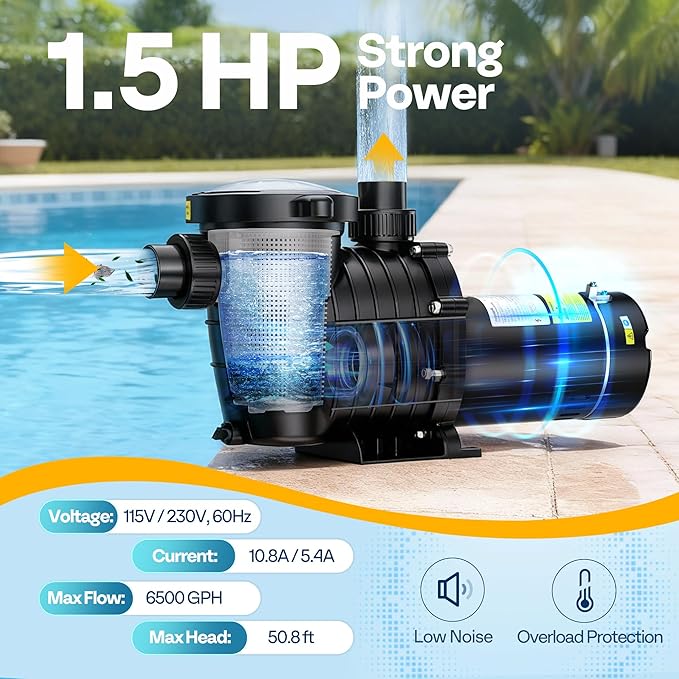 VIVOHOME 1.5 HP 6500 GPH Powerful Copper Motor Dual Voltage Self Primming in/Above Ground Swimming Pool Pump w1.25'' & 1.5" & 2.0'' Unions Energy Saving w/Strainer Basket