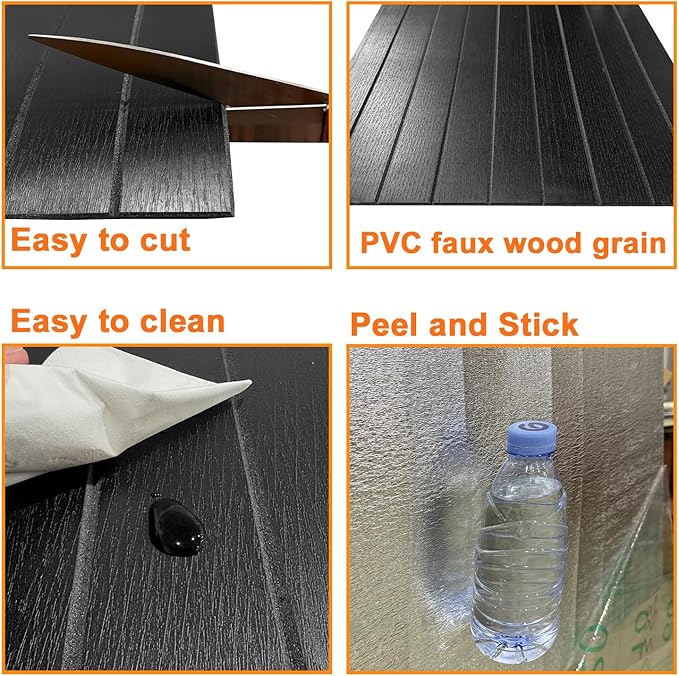 YLL YLL PVC Slat Wall Panel Peel and Stick 118"x 15.7" Faux Black Wood Grain Slat Panel Self-Adhesive Wallpaper Soundproof 3D Wall Panels