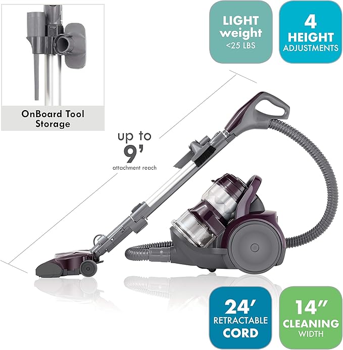 Kenmore 22614 Pet Friendly Lightweight Bagless Compact Canister Vacuum with Pet Powermate, HEPA, Extended Telescoping Wand, Retractable Cord and 2 Cleaning Tools-Purple