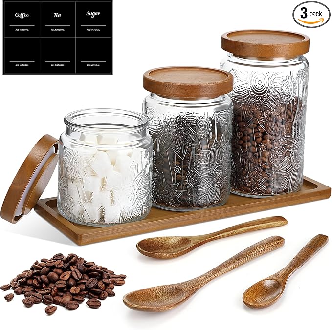 3 Pcs Glass Coffee Container Set with Wooden Lid Spoon Shelf Labels Clear Sugar Tea Airtight Jar Food Storage Canisters Set for Spice Holder Coffee Bar Gifts(Sunflower,16oz,24oz,32oz)