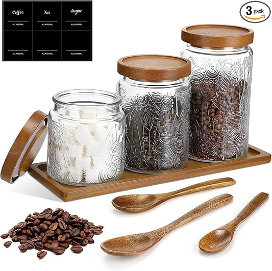 3 Pcs Glass Coffee Container Set with Wooden Lid Spoon Shelf Labels Clear Sugar Tea Airtight Jar Food Storage Canisters Set for Spice Holder Coffee Bar Gifts(Sunflower,16oz,24oz,32oz)