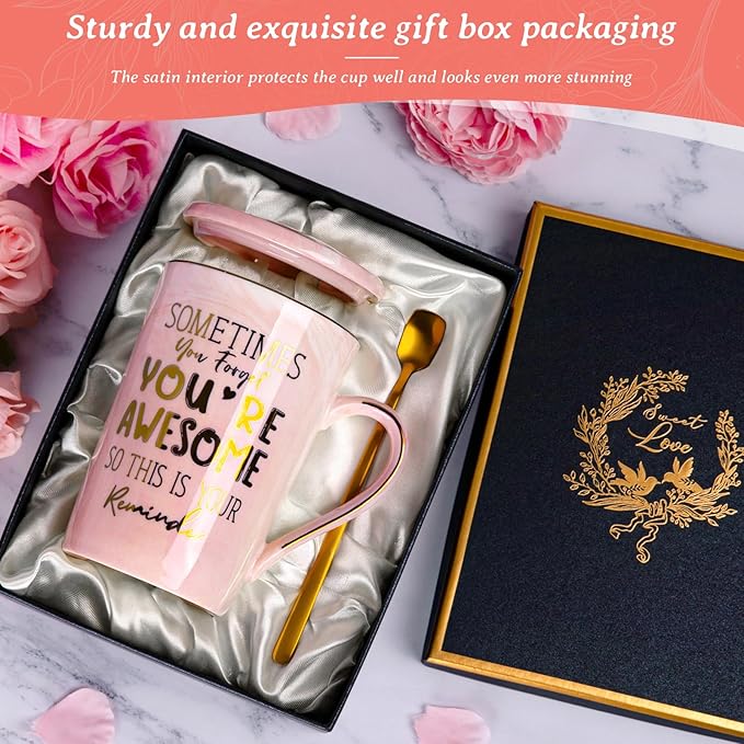 Birthday Thank You Gifts for Women, Sometimes You Forget You're Awesome Coffee Mug, Inspirational Christmas Gift for Her, Boss Lady Employee Coworker, 14oz Pink Marble Gold Print Cup, Nice Gift Boxed