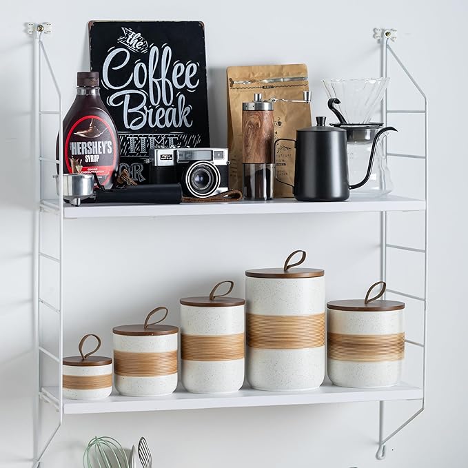 Miamolo Spice Jars with Lid, Coffee Container Kitchen Food Storage Jars for Spice Sugar Tea Bag, Stackable Decorative Jars for Countertop, White & 37 fl.oz
