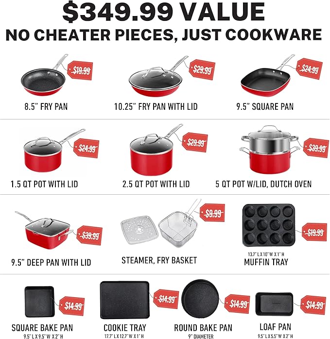Granitestone 20-Piece Nonstick Pots and Pans Set with Bakeware & Steamer, Diamond-Reinforced Cookware Set, Deep Frying Pan, Non-Toxic PFOA PFOS Free, Metal Utensil Safe, Dishwasher & Oven Safe, Red