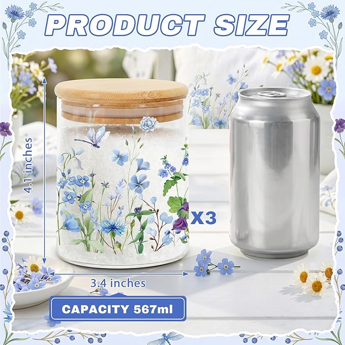 3 Pcs Spring Wildflower Glass Storage Jars with Airtight Lids Wildflower Candy Cookie Jars Gift Spring Canister Set for Kitchen Floral Counter Containers Decor for Sugar Tea