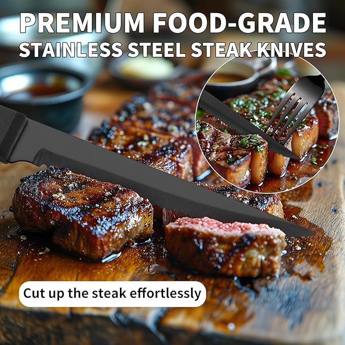 60-Piece Black Silverware Set with Steak Knives Black Stainless Steel Flatware Set for 10 Food Grade Tableware Cutlery Set Rust-proof, Mirror Polished, Dishwasher Safe