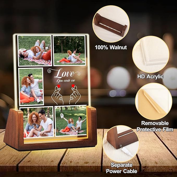 Personalized Valentines Day Couples Gifts For Him Her Women Men, Custom Light Up Picture Frame With Photo Name, Customized Anniversary Birthday Gifts For Boyfriend Girlfriend Husband Wife