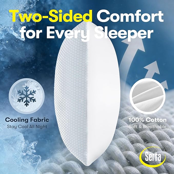Serta Cooling Down Alternative Bed Pillows King Size Set of 2, Reversible Cooling & Cotton Fabric, Medium Firm, Breathable Support for Hot, Side, Back & Stomach Sleepers, 20" x 36"