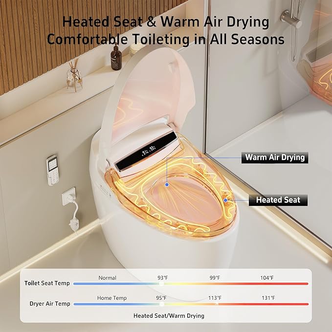Smart Toilet with Warm Water Sprayer and Dryer, One Piece Bidet Toilet with Auto Dual Flush Foot Sensor Operation,Heated Seat Smart with Built In Fahrenheit LED Display