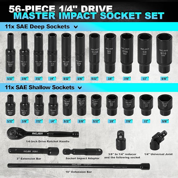 Socket Set 1/4, 56 Piece Impact Socket Set Metric and Standard Full, 6 Point, Cr-V, 1/4-Inch Drive Ratchet Handle, Drive Extension Bar, Impact Universal Joint,impact adapter