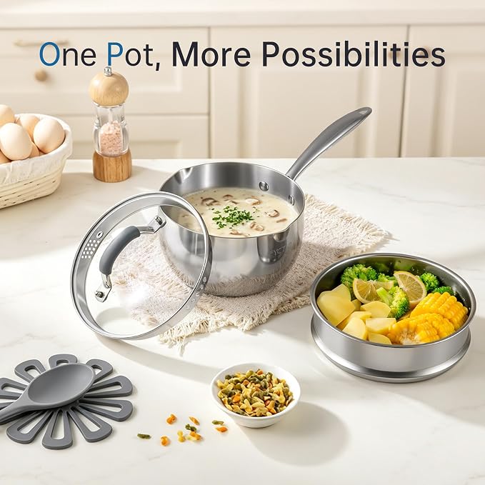 Tri-Ply Stainless Steel Sauce Pan, 2.5 Qt Saucepan with Steamer | Non-Toxic, Dual Pour Spouts, Measurement Mark, Anti-Scald Handle, Compatible All Cooktops, Oven Safe 500°F, Dishwasher Safe