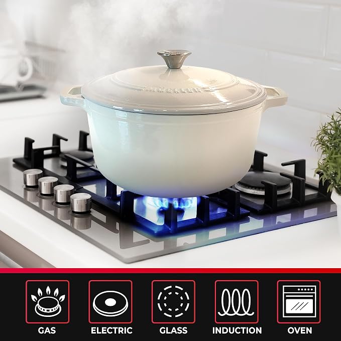 Mueller DuraCast 6QT Enameled Cast Iron Dutch Oven with Lid, Heavy-Duty | Casserole & Braiser Pan, Sourdough Bread Baking, PFOA-Free, 500°F Oven Safe, All Cooktops incl. Induction, White