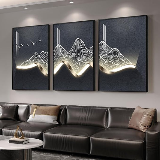 Large Framed Modern Abstract Mountain Wall Art for Living Room, 3 Piece Contemporary Minimalist Prints Paintings, Elegant Luxury Pictures for Entryway, Bedroom, Home Office Wall Decor 24x36 In