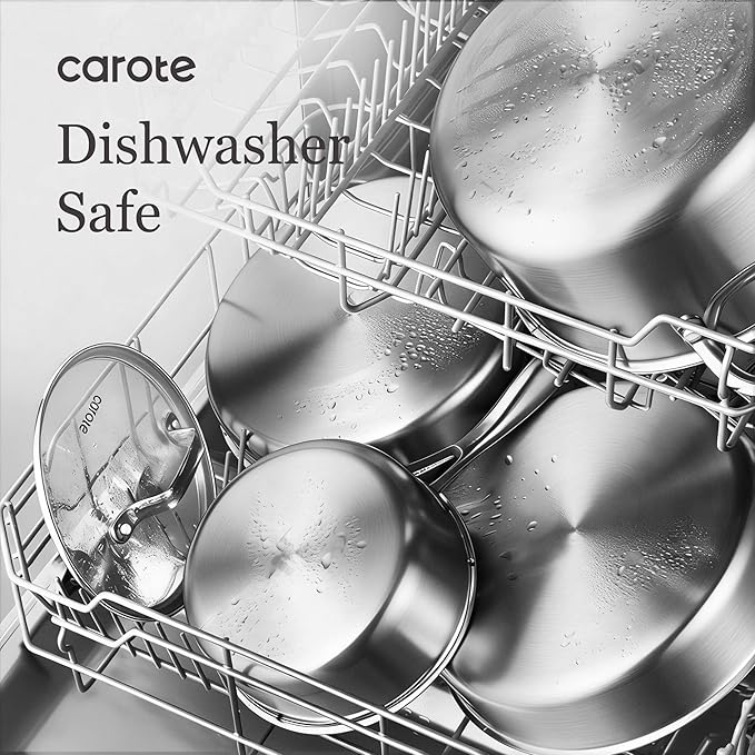 CAROTE 7-Piece Tri-Ply Stainless Steel Frying Pan Set, Skillet Set 8"/10"/12", Induction Compatible, Oven & Dishwasher Safe, Silver Handle
