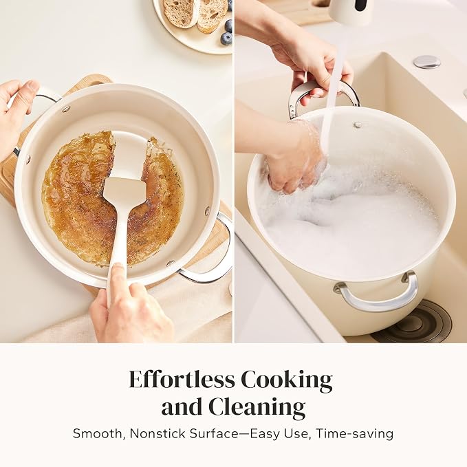 Redchef Ceramic Stock Pot with Lid, 8 Qt Soup Pot Nonstick for Family Cooking, Pasta Pot Large Induction Cooking Pot, Stay-Cool Handles, Even Heating, Oven/Dishwasher Safe, PFOA Free, Beige