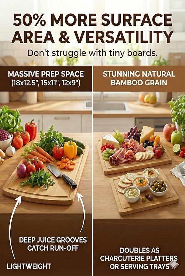 GREENER CHEF Glue-Free Surface Organic Bamboo Wood Cutting Board 3-Piece Set – Non Toxic Cutting Board Set – Lightweight, Heavy Duty Wooden Serving Boards for Charcuterie - Safer Family Meal Prep