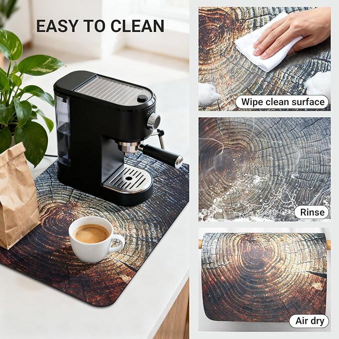 Coffee Mat 32x18 Inch, Wood Grain Counter Top Mat, Absorbent Hide Stain Rubber Backed Dish Drying Mat for Kitchen Counter, Bar Mats for Countertops, Under Coffee Bar Maker Machine Pot Espresso Staion