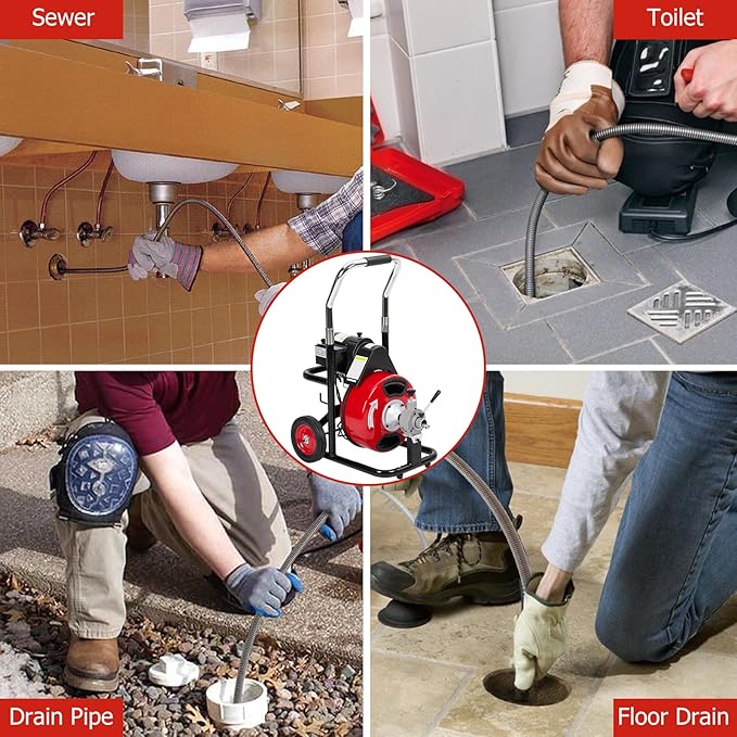 Electric Drain Cleaner Machine, 100FT x 3/8" Cable, 370W Auto-Feed Sewer Snake, 4 Interchangeable Cutter Heads, Air Foot Switch, Portable Auger for 1"-4" Pipes, Home and Commercial Use