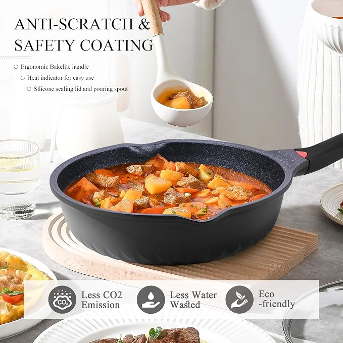 Vinchef 12.5Inch Black Deep Nonstick Skillet with Lid | Cooktop Compatible,deep fry pan, temp indicator,Anti-scratch,anti-stain,induction-ready.Durable,great for sauté frying