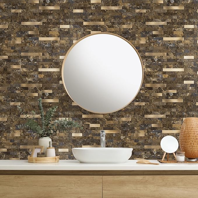 StyloVue 20 Sheets Peel and Stick Backsplash for Kitchen, Rust Slate with Metal Gold Look Stick on Tile Upgrade Your Kitchen Backsplash, RV, Fireplace