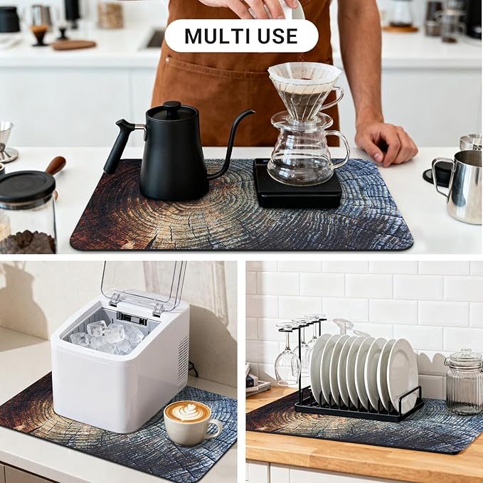 Coffee Mat 32x18 Inch, Wood Grain Counter Top Mat, Absorbent Hide Stain Rubber Backed Dish Drying Mat for Kitchen Counter, Bar Mats for Countertops, Under Coffee Bar Maker Machine Pot Espresso Staion