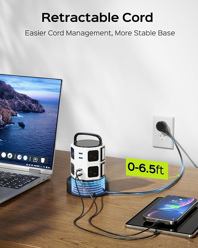 Tower Surge Protector Power Strip, JACKYLED Extension Cord with Multiple Outlets, 8 Outlets 4 USB Ports(2 USB C) 1625W/13A Retractable Cord Charging Station with 1050J Protection, Home Office Supplies