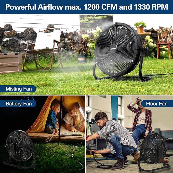 BILT HARD 12" Outdoor Portable Misting Fan, Battery Operated Misting Fan with 15600mAh Detachable Battery & Misting Function, Rechargeable Floor Fan for Outside, Patio