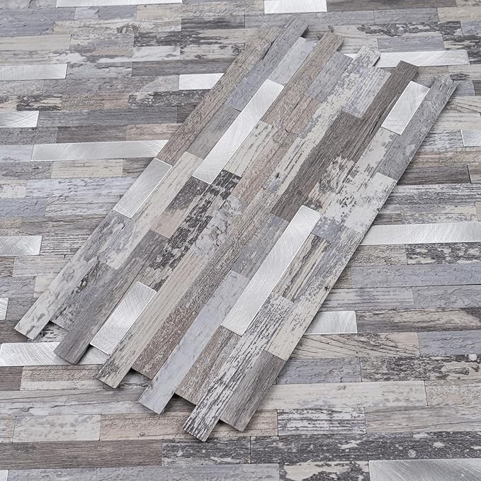 StyloVue 2 Sheets Peel and Stick Backsplash, Distressed Wood with Metal Silver Self Adhesive Wall Tiles Upgrade Your Kitchen Backsplash, RV, Fireplace