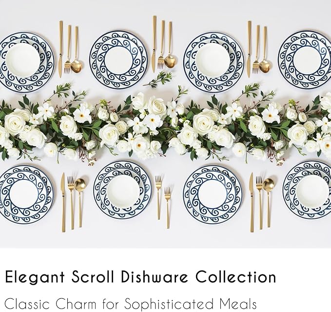 24 Piece Dinnerware Set – Coastal Dishes Dinnerware Sets for 8, Vintage Plates and Bowls Sets, Ceramic Dinnerware Sets for 8, Stoneware Kitchen Plates and Bowls Set