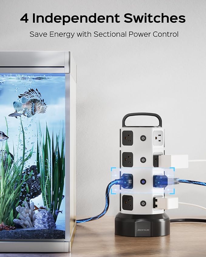Power Strip Tower Surge Protector - JACKYLED 16 AC Outlets(13A) 6 USB Ports Electric Charging Station, 1050J Surge Electric Tower, 1625W Outlet Extender, 6.5ft Heavy Duty Extension Cord for Home