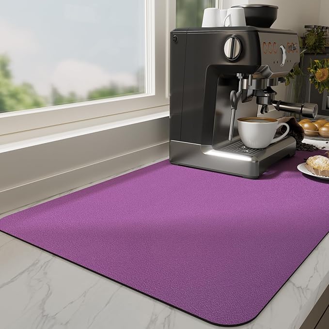 Ecotrim Absorbent Coffee Mat , Stain Hiding PU Leather Surface, Non-Slip Natural Rubber Backing, Quick Dry Mat for Espresso Machine, Kitchen Counter ,Purple | 17" x 31.5"